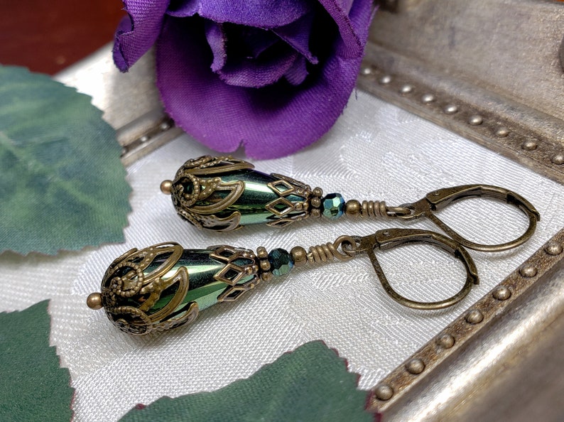Green Teardrop Victorian Earrings, Olive Green Edwardian, Forest Green Gothic Drop, Antique Gold Bronze Steampunk, Titanic Temptations 21008 image 4