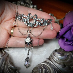 White Rose Victorian Necklace, Ribbons and Roses, Crystal Teardrop Edwardian, Gothic Gunmetal Drop, Antique Silver Titanic Temptations 21009 image 8