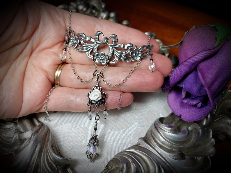 White Rose Victorian Necklace, Ribbons and Roses, Crystal Teardrop Edwardian, Gothic Gunmetal Drop, Antique Silver Titanic Temptations 21009 image 8