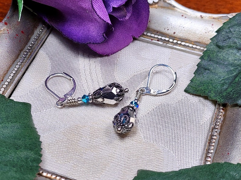 Bermuda Blue Victorian Earrings, Small Teardrop, Aqua Blue Purple Gothic, Edwardian Bridal Antique Silver Gunmetal Titanic Temptations 23003 image 6