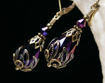 Metallic Purple Victorian Earrings, Amethyst Gothic Teardrop, Violet Red Edwardian, Antique Gold Bronze Steampunk, Titanic Temptations 13007