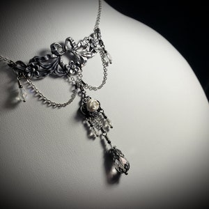 White Rose Victorian Necklace, Ribbons and Roses, Crystal Teardrop Edwardian, Gothic Gunmetal Drop, Antique Silver Titanic Temptations 21009 image 5