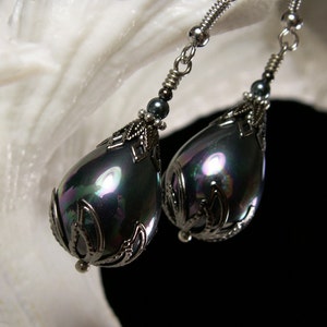 Large Silver Shell Pearl Victorian Earrings, Gothic Black Teardrop Pearl, Rainbow Luster, Antique Silver Gunmetal, Titanic Temptations 14013