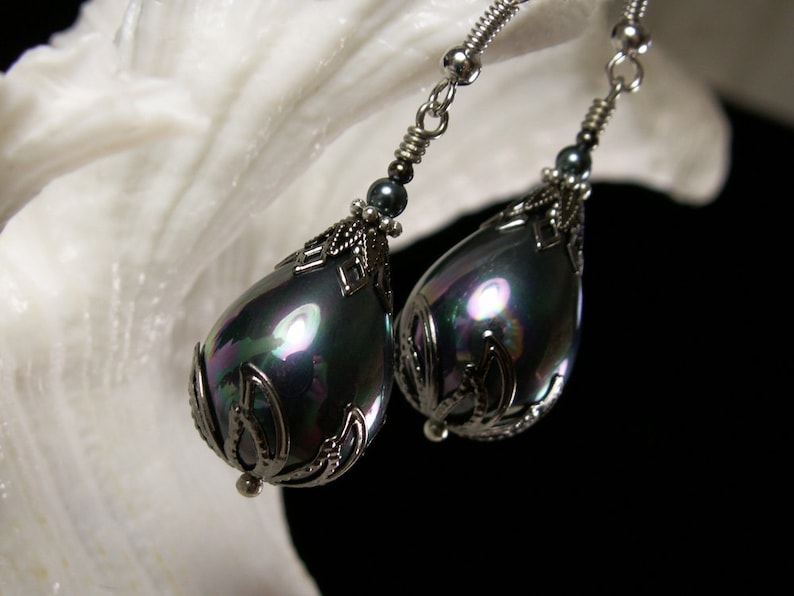Large Silver Shell Pearl Victorian Earrings, Gothic Black Teardrop Pearl, Rainbow Luster, Antique Silver Gunmetal, Titanic Temptations 14013 image 1