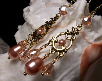 Peach Pearl Chandelier Victorian Earrings, Rose Peach Crystal Pearl Drop, Edwardian Bridal, Antique Gold Filigree, Titanic Temptations 18020