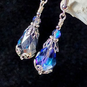 Bermuda Blue Victorian Earrings, Aqua Blue Purple Gothic Teardrop, Edwardian Bridal, Antique Silver Gunmetal, Titanic Temptations 14011 image 3