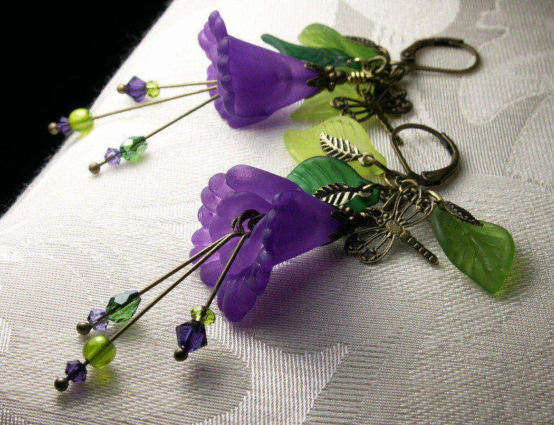 Purple Dragonfly Lily Victorian Earrings, Amethyst Flower Green Leaf Frosted Lucite Edwardian Bridal Dangle Drop Titanic Temptations 13018 image 2