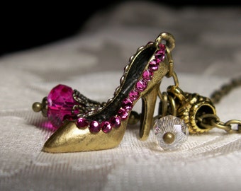Hot Pink High Heel Marilyn Monroe Necklace, Fuchsia Crystal Shoe Charm Hollywood Glamour Pendant, Antique Brass, Titanic Temptations 12025