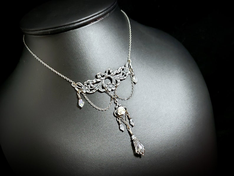 White Rose Victorian Necklace, Ribbons and Roses, Crystal Teardrop Edwardian, Gothic Gunmetal Drop, Antique Silver Titanic Temptations 21009 image 2