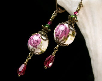 Dark Pink Rose Victorian Earrings, Maroon Rosebud, Burgundy Gothic Rose, Ruby Pink Edwardian Floral, Antique Gold Bronze Titanic Temptations