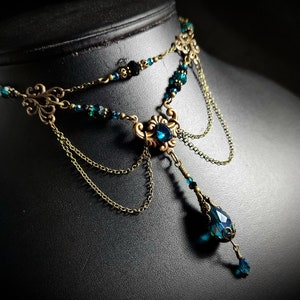 Peacock Blue Victorian Choker, Teal Green Gothic, Blue Zircon Edwardian Bridal, Steampunk, Antiqued Gold Bronze, Titanic Temptations 24001 image 5