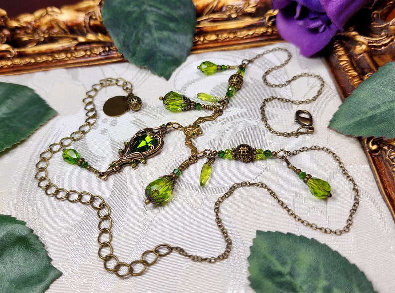 Peridot Green Victorian Choker, Gothic Heart, Lime Green Heartstone, Olivine Edwardian Bridal, Antique Gold Bronze Titanic Temptations 23005 image 10