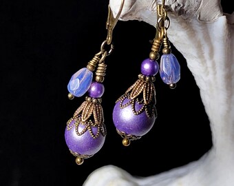 Orchid Purple Pearl Victorian Earrings, Tanzanite Crystal, Amethyst Edwardian Bridal, Sea Opal Antique Gold Bronze Titanic Temptations 17006