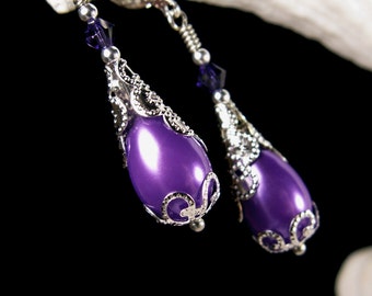 Purple Pearl Victorian Earrings, Purple Velvet Crystal, Edwardian Bridal, Gothic Amethyst, Steampunk Antique Silver Titanic Temptation 13009