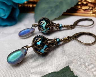 Peacock Green Victorian Earrings, Blue Green Metallic Edwardian, Teal Gothic Dangle, Antique Gold Bronze Steampunk Titanic Temptations 21005