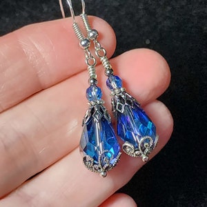 Bermuda Blue Victorian Earrings, Aqua Blue Purple Gothic Teardrop, Edwardian Bridal, Antique Silver Gunmetal, Titanic Temptations 14011 image 7