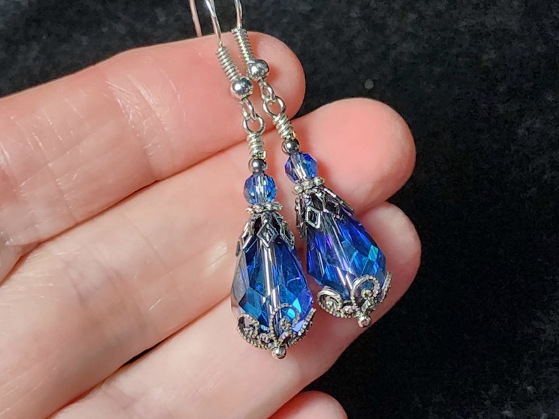 Bermuda Blue Victorian Earrings, Aqua Blue Purple Gothic Teardrop, Edwardian Bridal, Antique Silver Gunmetal, Titanic Temptations 14011 image 7