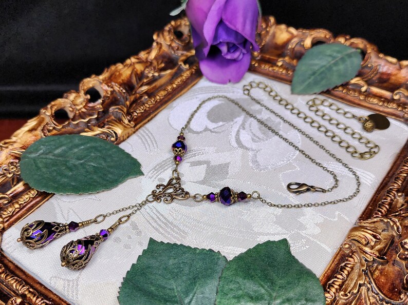 Metallic Purple Victorian Choker, Gothic Burgundy Wine, Amethyst Edwardian Bridal, Double Drop Antique Gold Bronze Titanic Temptations 13007
