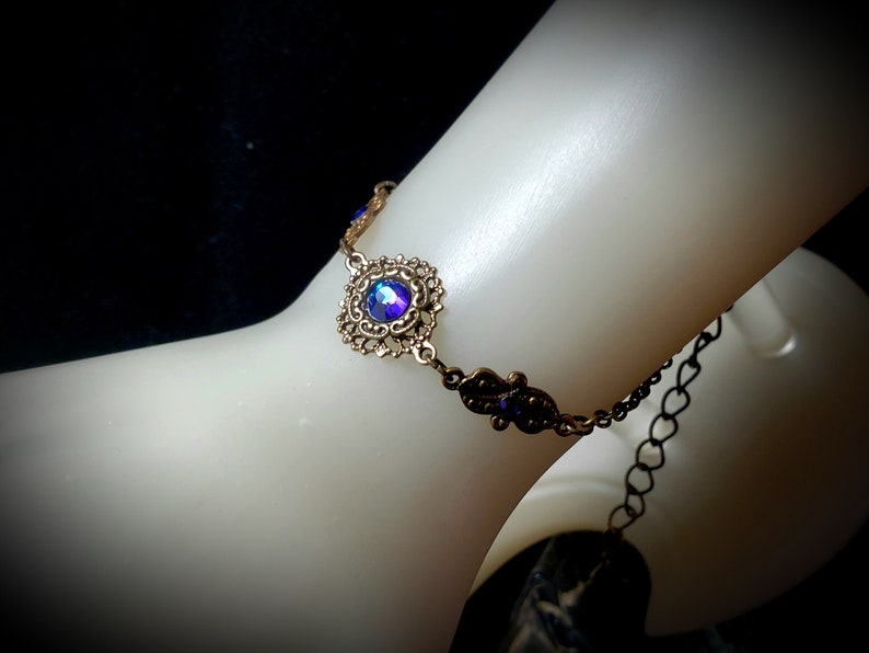 Blue Purple Victorian Bracelet, Heliotrope Gothic, Purple Edwardian, Aqua Blue Steampunk, Antique Gold Bronze, Titanic Temptations 22003 image 7