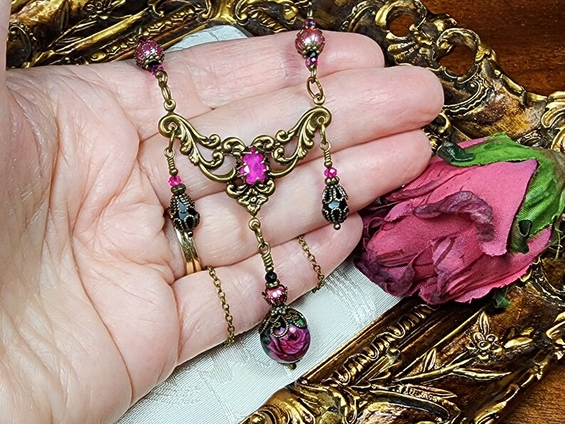 Dark Pink Rose Victorian Choker, Fuchsia Black Gothic, Hot Pink Rosebud Edwardian Bridal, Antique Gold Bronze, Titanic Temptations 22008 image 8