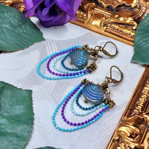 Aqua Blue Purple Victorian Earrings, Pearlized Seashell Charms Steampunk Mermaid Under the Sea Antique Gold Bronze Titanic Temptations 22006 image 10