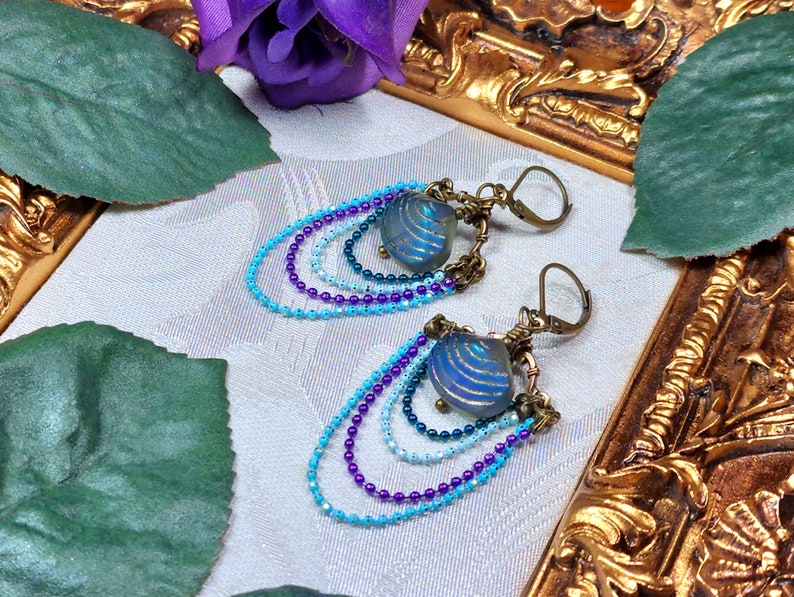 Aqua Blue Purple Victorian Earrings, Pearlized Seashell Charms Steampunk Mermaid Under the Sea Antique Gold Bronze Titanic Temptations 22006 image 10