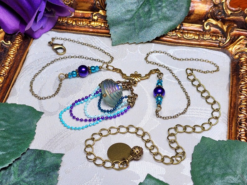 Aqua Purple Pearl Victorian Choker, Pearlized Seashell Charm Steampunk Mermaid Collier Sous la mer Antique Gold Titanic Temptations 22006 image 2