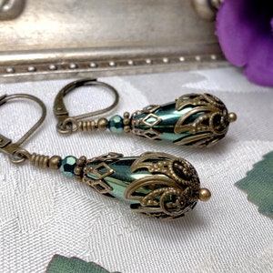 Green Teardrop Victorian Earrings, Olive Green Edwardian, Forest Green Gothic Drop, Antique Gold Bronze Steampunk, Titanic Temptations 21008 image 7