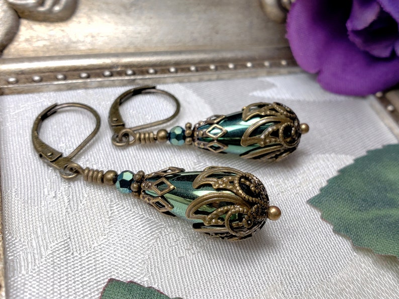 Green Teardrop Victorian Earrings, Olive Green Edwardian, Forest Green Gothic Drop, Antique Gold Bronze Steampunk, Titanic Temptations 21008 image 7