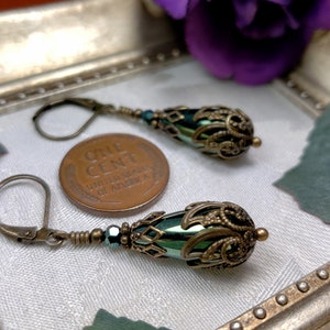 Green Teardrop Victorian Earrings, Olive Green Edwardian, Forest Green Gothic Drop, Antique Gold Bronze Steampunk, Titanic Temptations 21008 image 6