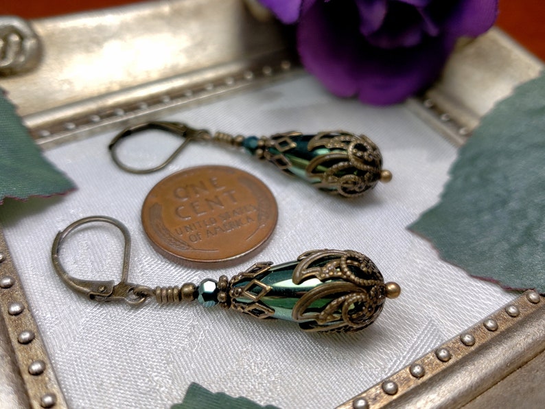 Green Teardrop Victorian Earrings, Olive Green Edwardian, Forest Green Gothic Drop, Antique Gold Bronze Steampunk, Titanic Temptations 21008 image 6