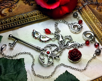 Phantom of the Opera Victorian Necklace, Blood Red Rose, Gothic Mask, Skeleton Key, Steampunk Charm Antique Silver Titanic Temptations 16007