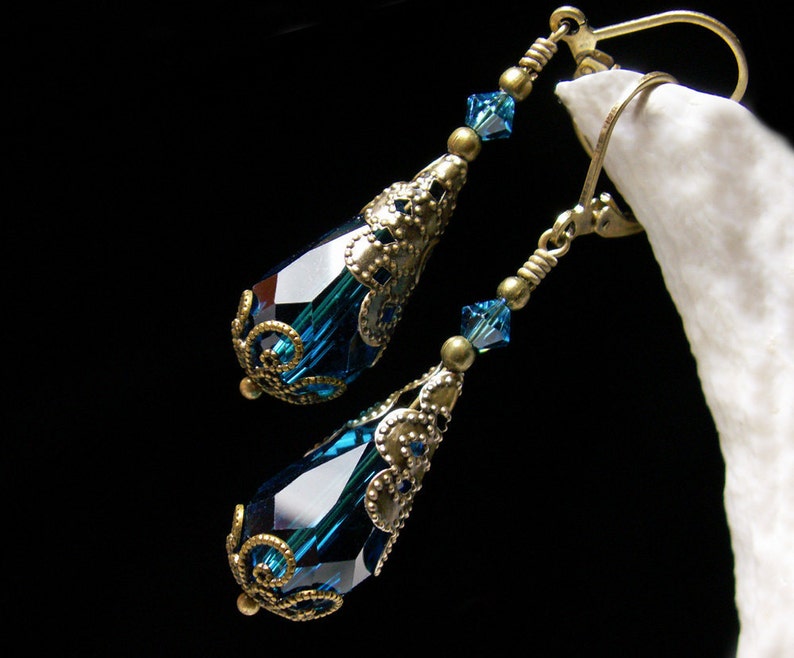 Peacock Blue Victorian Earrings, Blue Zircon Gothic, Dark Aqua Steampunk Teal Edwardian Bridal Antique Gold Bronze Titanic Temptations 11009 image 1