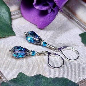 Bermuda Blue Victorian Earrings, Small Teardrop, Aqua Blue Purple Gothic, Edwardian Bridal Antique Silver Gunmetal Titanic Temptations 23003 image 9