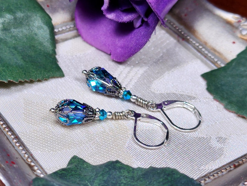 Bermuda Blue Victorian Earrings, Small Teardrop, Aqua Blue Purple Gothic, Edwardian Bridal Antique Silver Gunmetal Titanic Temptations 23003 image 9