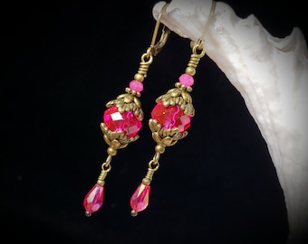 Hot Pink Victorian Earrings, Fuchsia Pink Gothic, Bright Pink Edwardian Drop, Dark Pink Dangle, Antiqued Gold Bronze, Titanic Temptations