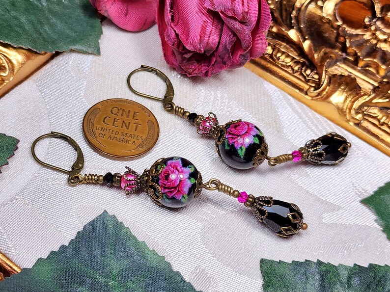 Dark Pink Rose Victorian Earrings, Pink Rosebud, Burgundy Gothic Rose, Ruby Edwardian Floral, Antique Gold Bronze, Titanic Temptations 22008 image 9