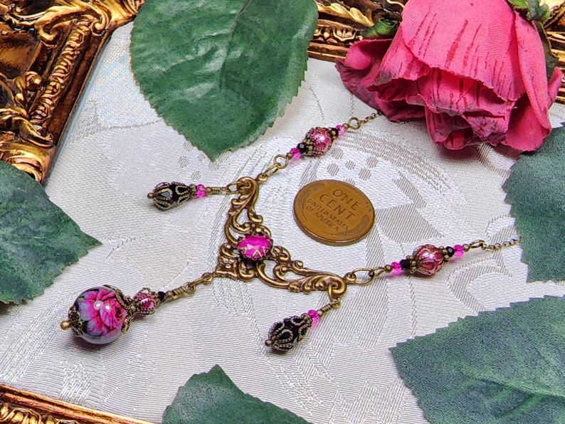 Dark Pink Rose Victorian Choker, Fuchsia Black Gothic, Hot Pink Rosebud Edwardian Bridal, Antique Gold Bronze, Titanic Temptations 22008 image 10