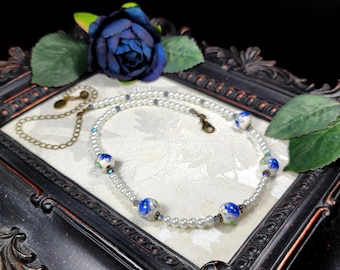 Royal Blue Rose Victorian Choker, Ivory White Crystal Pearl, Purple Floral, Edwardian Bridal, Antique Gold Bronze, Titanic Temptations 25008