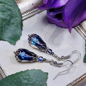 Bermuda Blue Victorian Earrings, Aqua Blue Purple Gothic Teardrop, Edwardian Bridal, Antique Silver Gunmetal, Titanic Temptations 14011 image 8