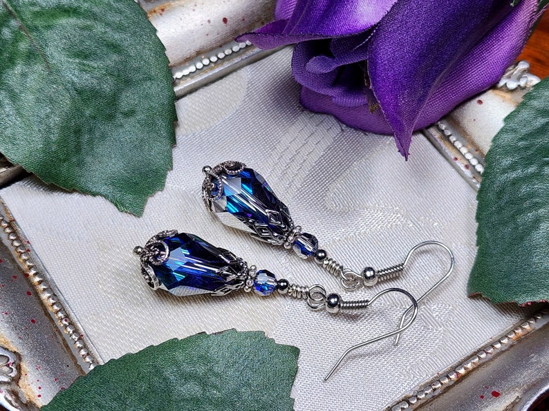 Bermuda Blue Victorian Earrings, Aqua Blue Purple Gothic Teardrop, Edwardian Bridal, Antique Silver Gunmetal, Titanic Temptations 14011 image 8