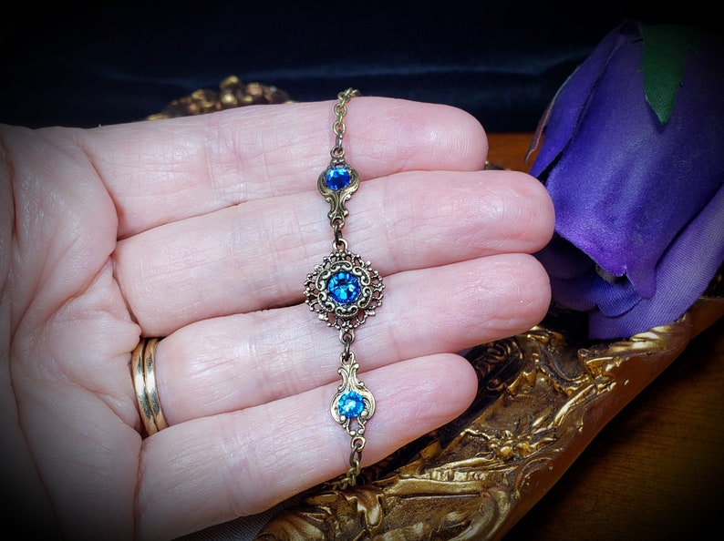 Bermuda Blue Victorian Bracelet, Blue Gothic, Sapphire Edwardian, Aqua Blue Purple Steampunk, Antique Gold Bronze, Titanic Temptations 22004 image 4