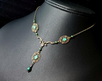 Aqua Victorian Choker, Gothic Pacific Opal, Blue Green Pearl, Mint Green Edwardian Bridal, Antique Gold Bronze, Titanic Temptations 25004