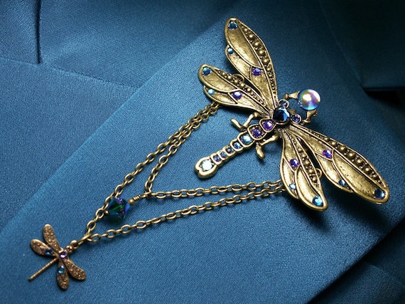 Dragonfly Blue Green Victorian Brooch Pin, Gothic Baby Dragon Fly, Bermuda Blue Crystal Rhinestones, Antique Gold Bronze Titanic Temptations