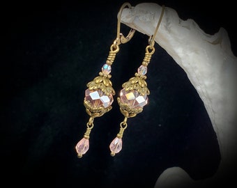 Light Pink Victorian Earrings, Soft Pink Gothic, Baby Pink Edwardian Drop, Peach Pink Crystal Dangle Antique Gold Bronze Titanic Temptations