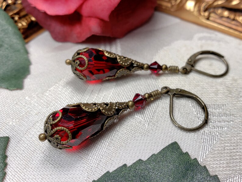 Blood Red Bronze Gothic Earrings, Dark Crimson Red Victorian Drops, Garnet Edwardian, Antique Gold Brass Steampunk Titanic Temptations 12019 image 7