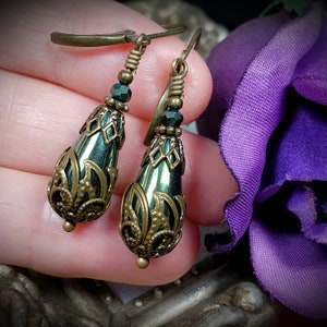 Green Teardrop Victorian Earrings, Olive Green Edwardian, Forest Green Gothic Drop, Antique Gold Bronze Steampunk, Titanic Temptations 21008 image 5