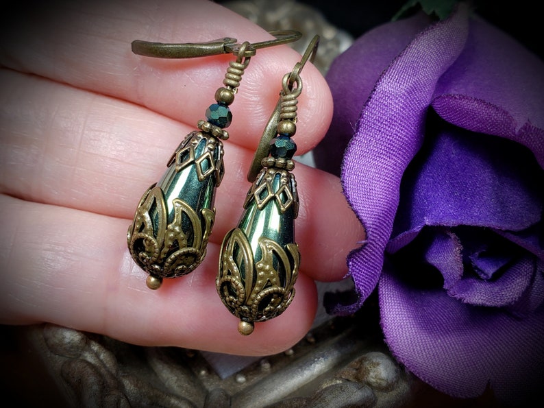 Green Teardrop Victorian Earrings, Olive Green Edwardian, Forest Green Gothic Drop, Antique Gold Bronze Steampunk, Titanic Temptations 21008 image 5