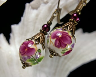 Fuchsia Pink Rose Victorian Earrings, Purple Flower Pearl Edwardian, Pink Gothic Floral Drop, Antique Gold Bronze, Titanic Temptations 12027