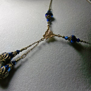 Metallic Blue Victorian Choker, Peacock Blue Gothic, Double Drop Dark Blue Edwardian Antique Gold Bronze Steampunk Titanic Temptations 12002 image 2